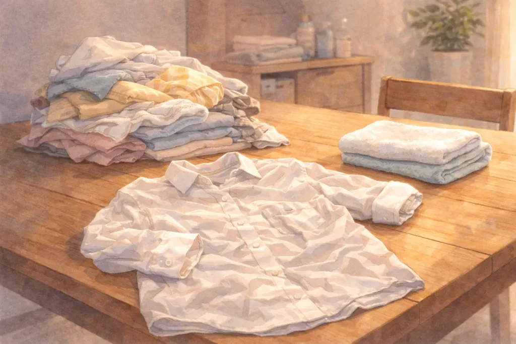 テーブルの上に広げられたシャツと横に置かれたギブス。