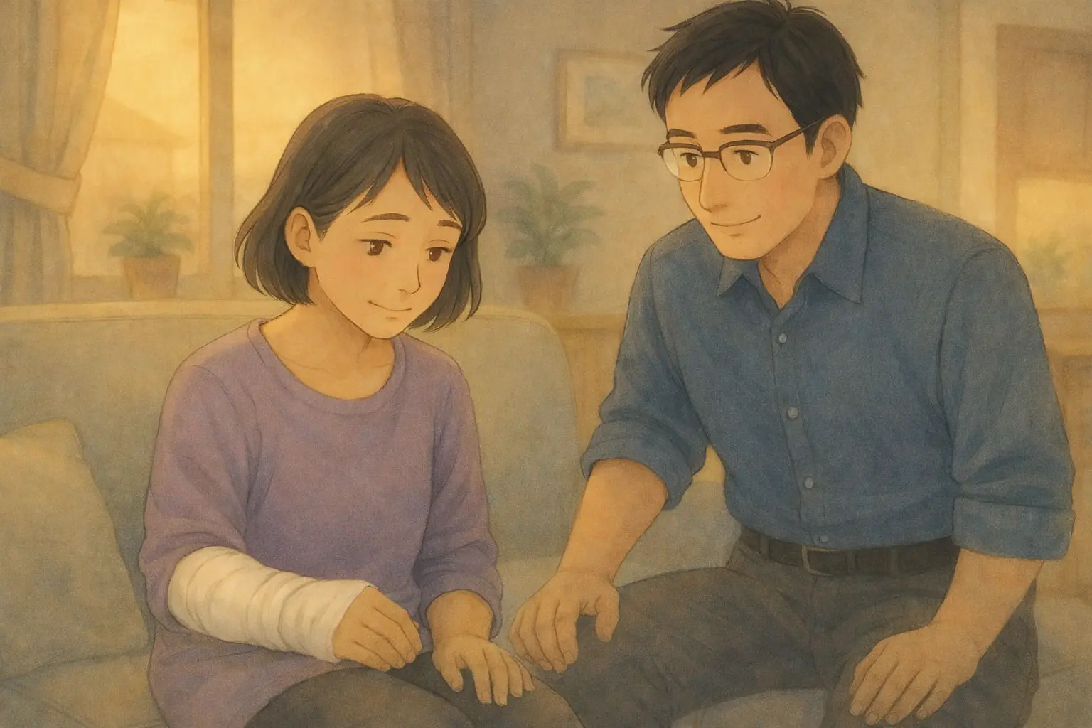 右手に包帯を巻いたまりと、少し距離を空けて座るまことの夜のリビング