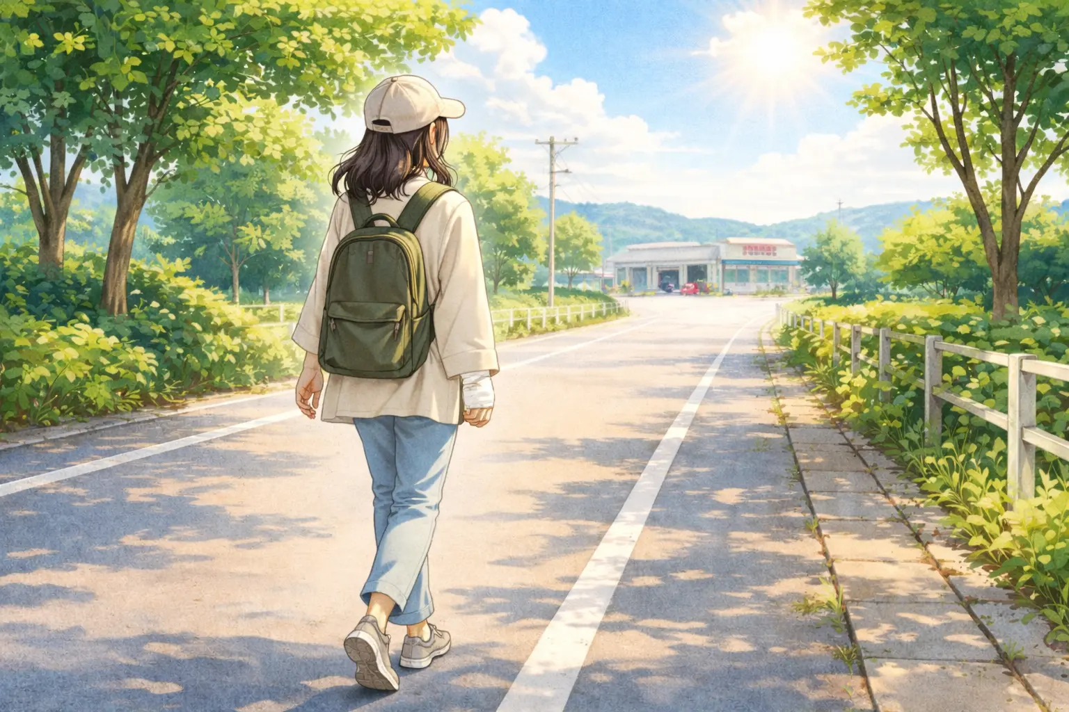 右手を骨折した女性が真夏の道路を歩く後ろ姿