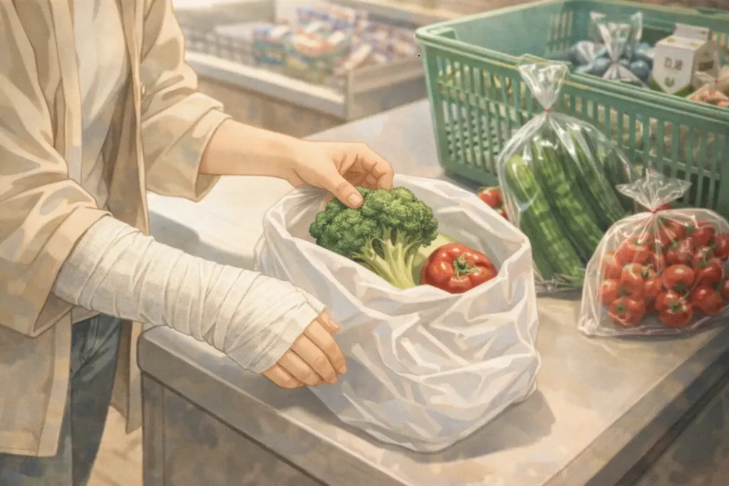 片手で袋詰めをする骨折中の女性