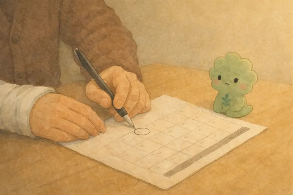 予定表に丸をつけるしげるの手元