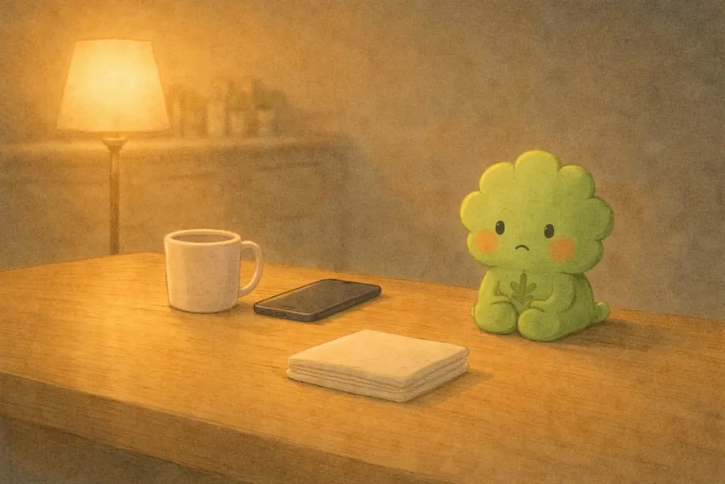 一日の終わりのテーブルに、マグカップとスマートフォン、小さなキャラクターだけが残っている静かな風景