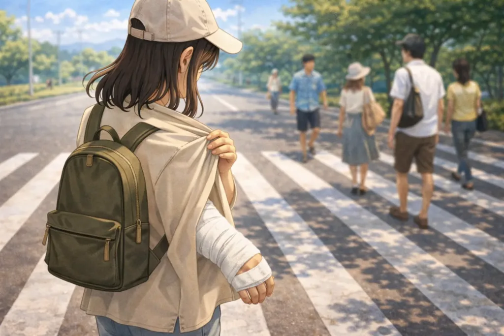 ギブスを隠そうとする骨折中の女性