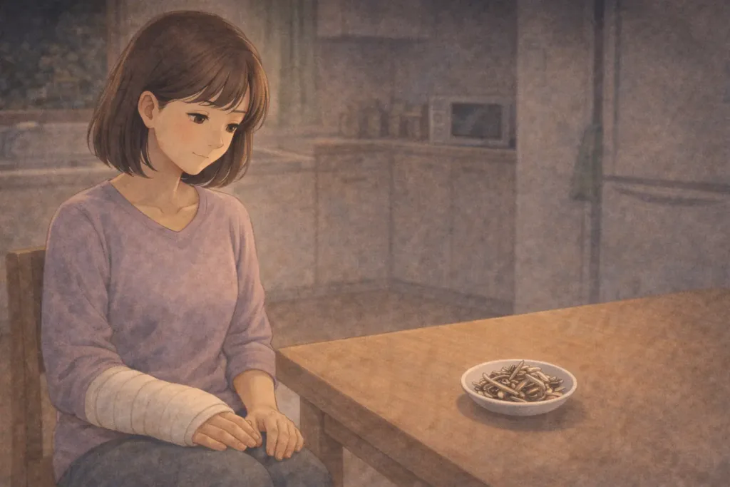 煮干しの小皿と右手を固定した女性