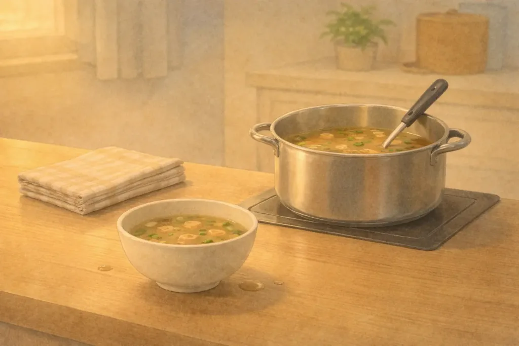 味噌汁の鍋とお椀、少しこぼれた跡が残る朝のキッチン