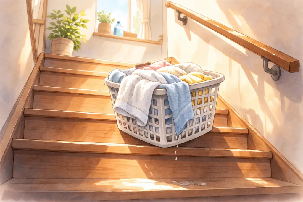 階段の途中に置かれた洗濯カゴと濡れたタオル。