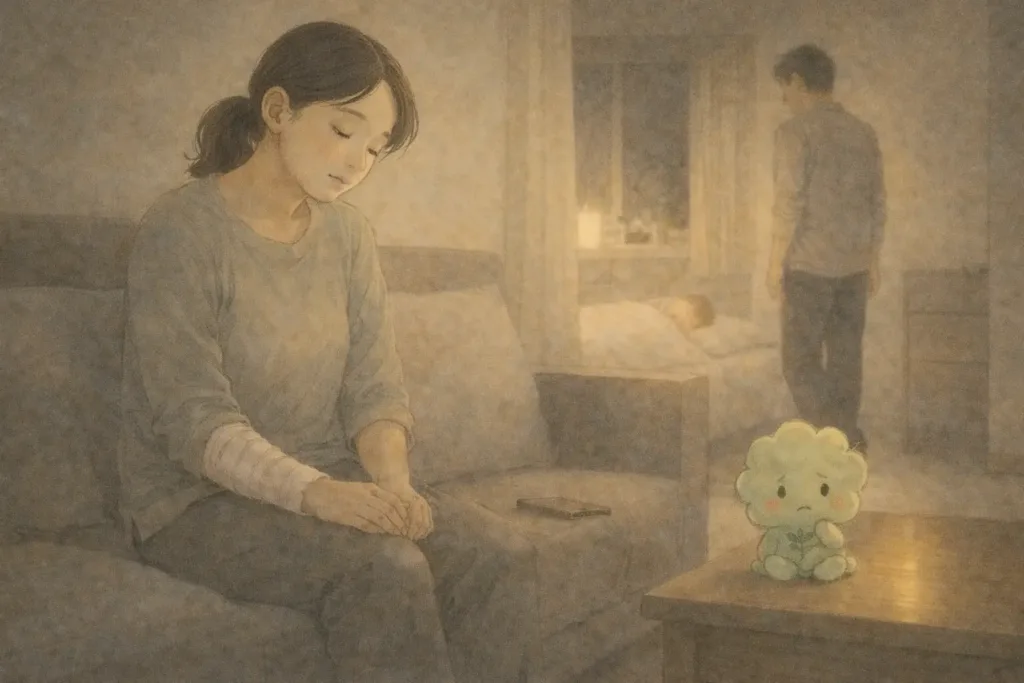 決めないまま夜を終え、静かに息を吐くしおりのそばで、同じ空間にただ同席しているぱせりん