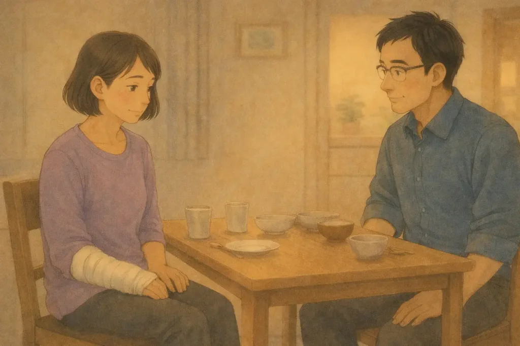 食後の食卓で、右手を膝に置いたまま静かに向かい合う骨折中の夫婦
