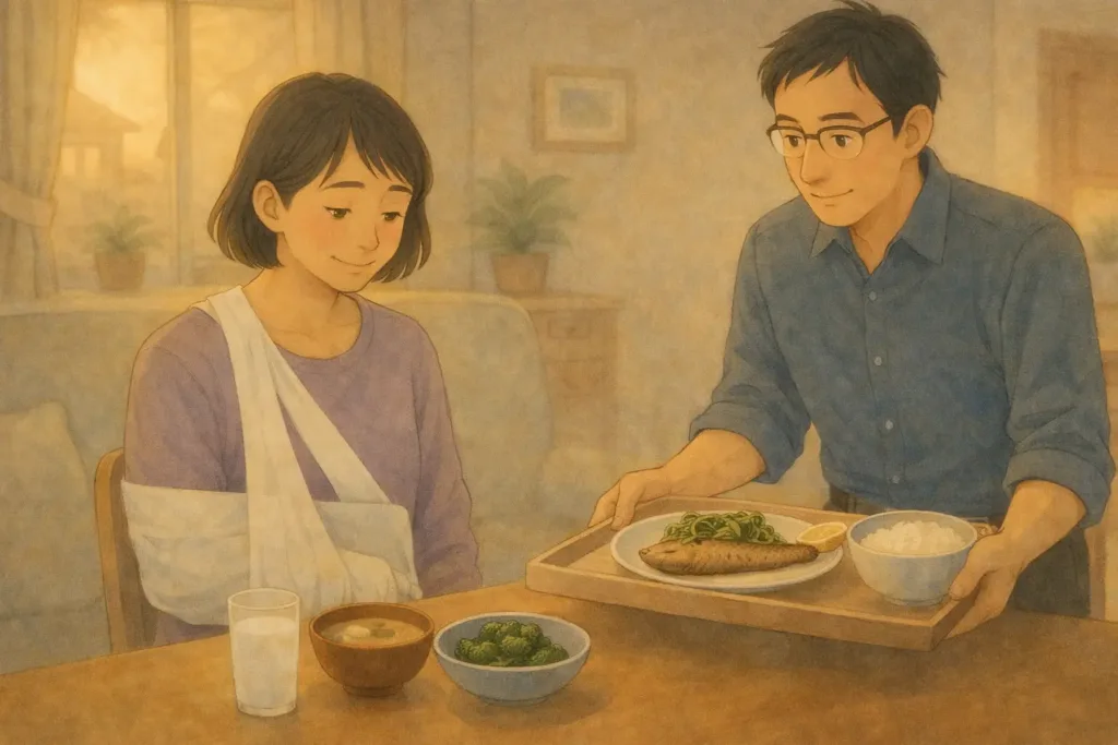 骨にいい夕食を差し出す夫と、それを受け取る妻