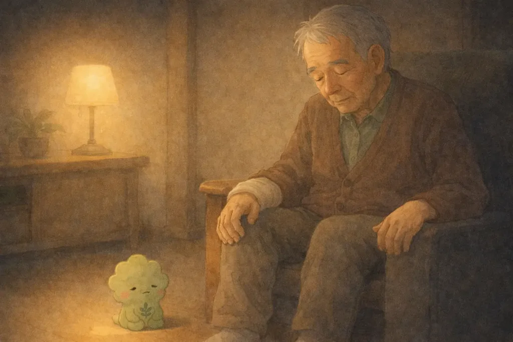 夜の部屋でひと息つくしげる