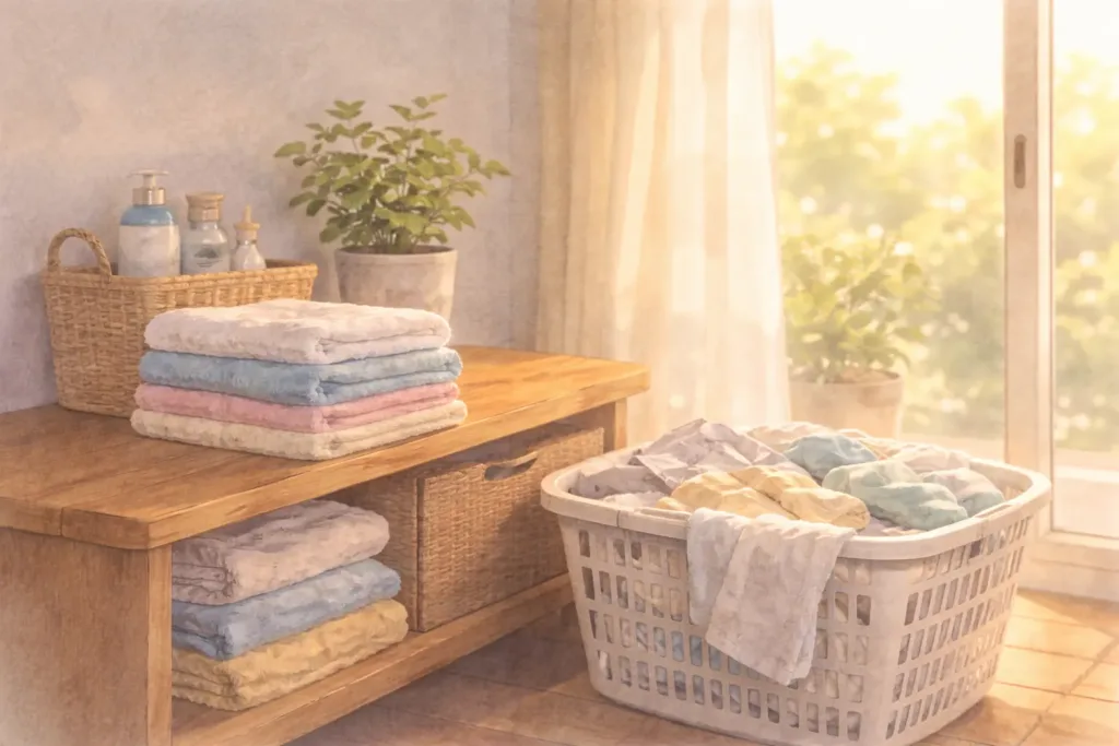 きれいに畳まれたタオルと洗濯カゴが、朝の光の中に置かれている。