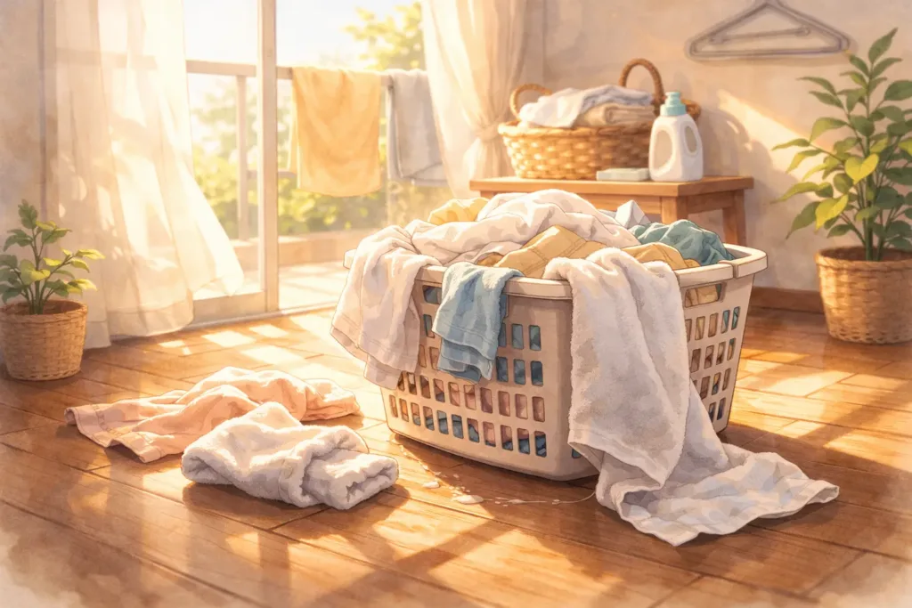 窓辺の床に置かれた、洗濯物が増えていく洗濯カゴ。