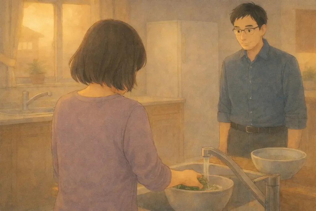 片手で調理を試みる妻と、見守る夫