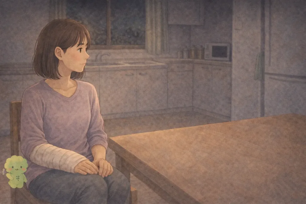 静かなキッチンで右手を固定した女性が座っている