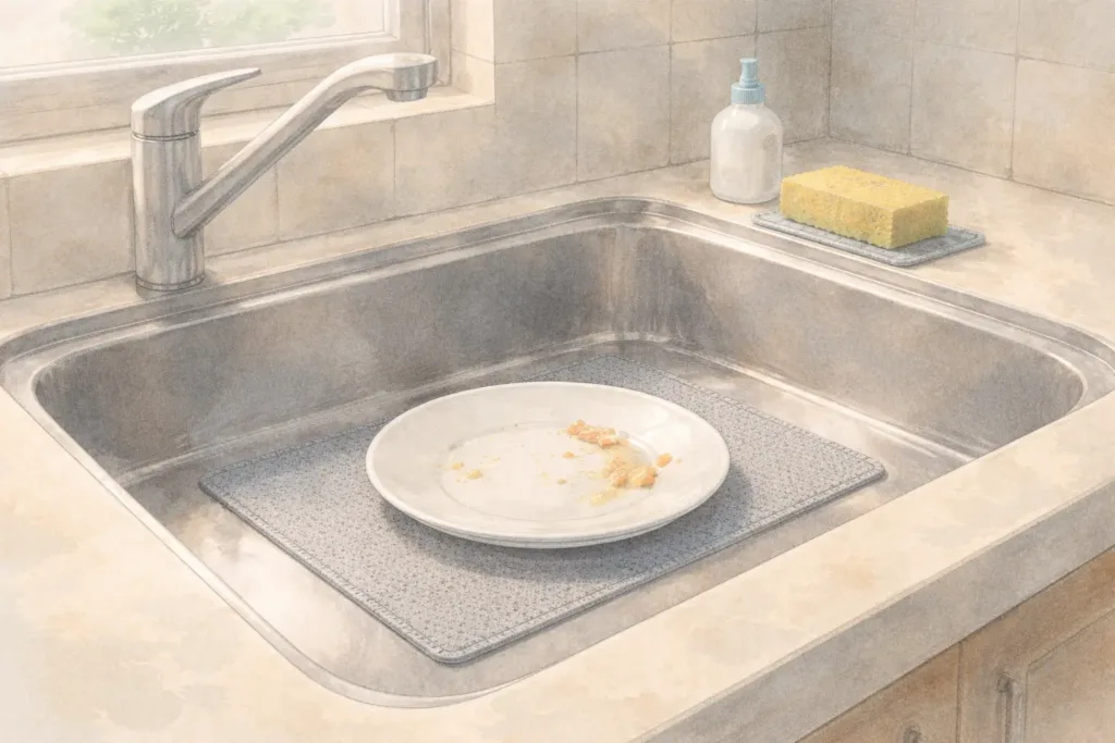 片手でも洗い物が動かないよう工夫されたシンクの様子