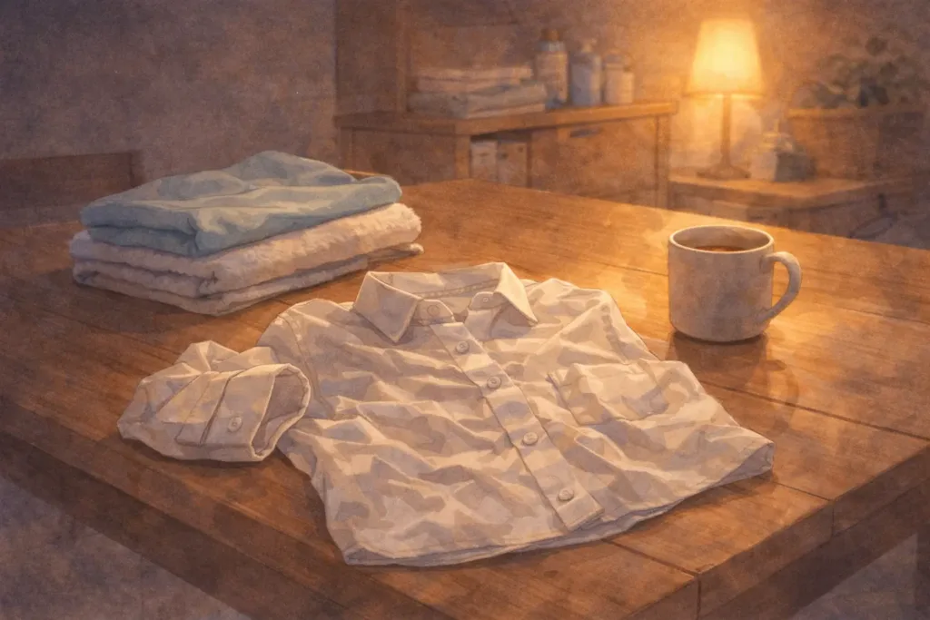 夜のテーブルに、たたみ途中の洗濯物とマグカップが置かれている。