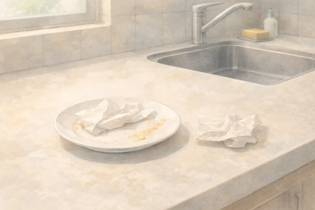 洗う前に汚れを拭き取って家事の負担を減らす様子