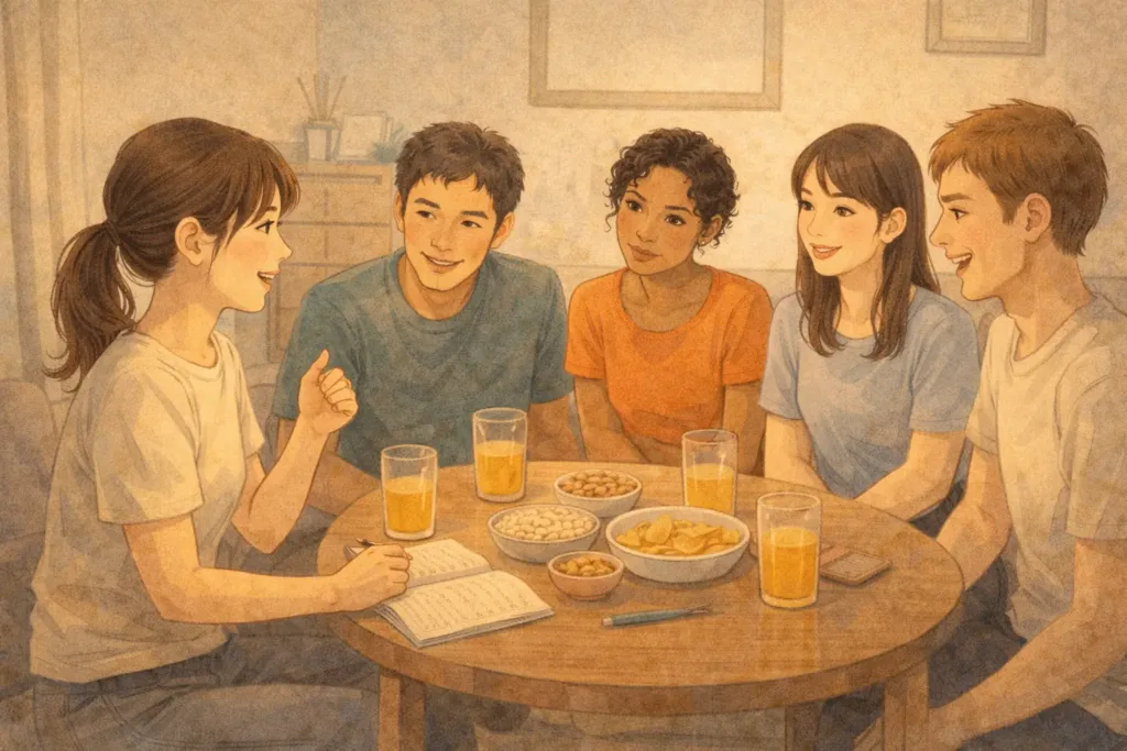 リビングで笑い合う女性と友人たち