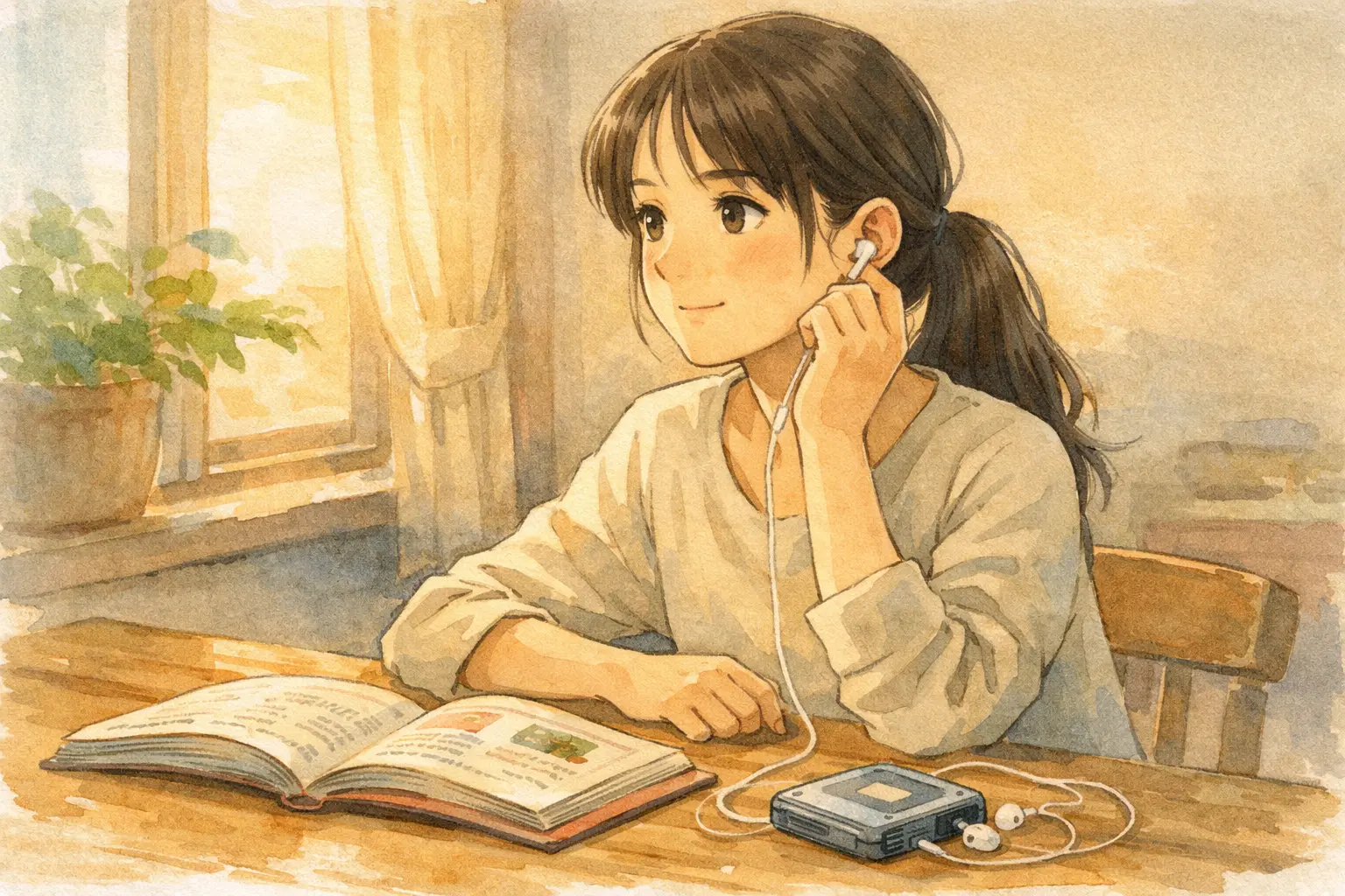 机でポルトガル語教材とMDを前に考える女性