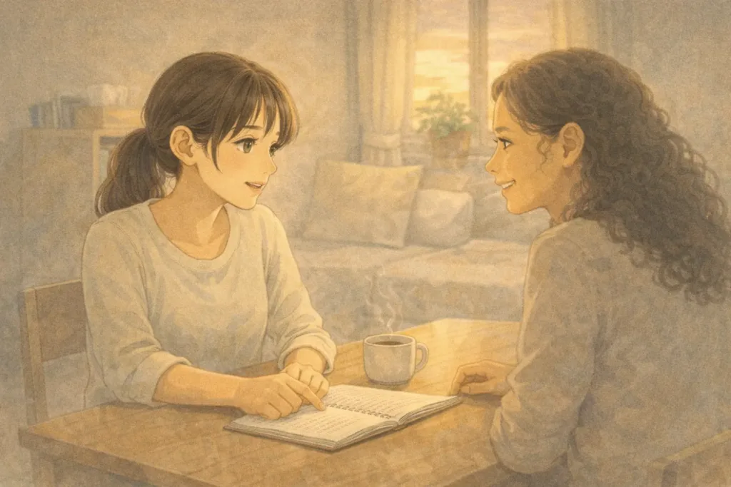 同じテーブルで向き合って話す二人