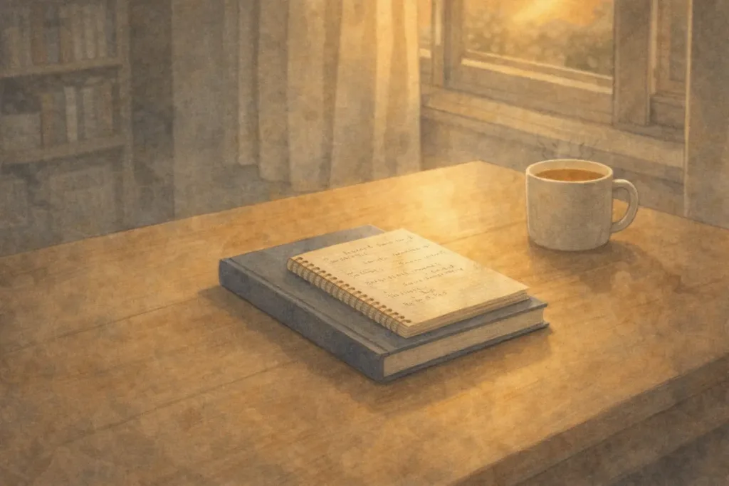 夕方の光が差し込む机と閉じたポルトガル語の本