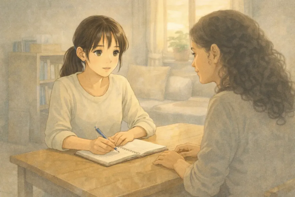 教室で向かい合って話す二人