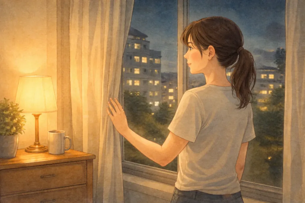 夜の窓辺で静かに立つ女性