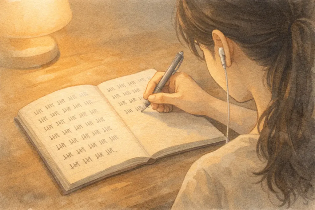 ノートに正の字を書き続ける女性の手元