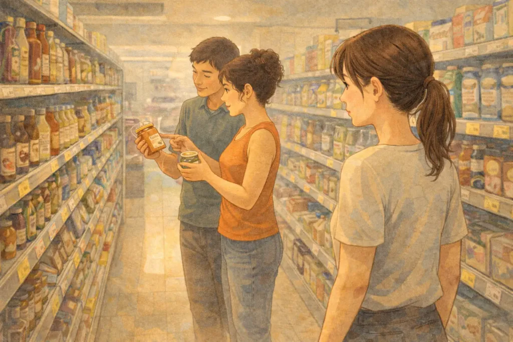 スーパーで会話に耳を傾ける女性